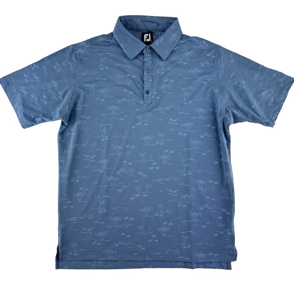 FJ Footjoy Golf Polo Shirt Mens Large Blue Palm Tree Print